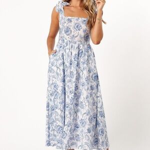 Blue Floral Tie-Shoulder Maxi Dress